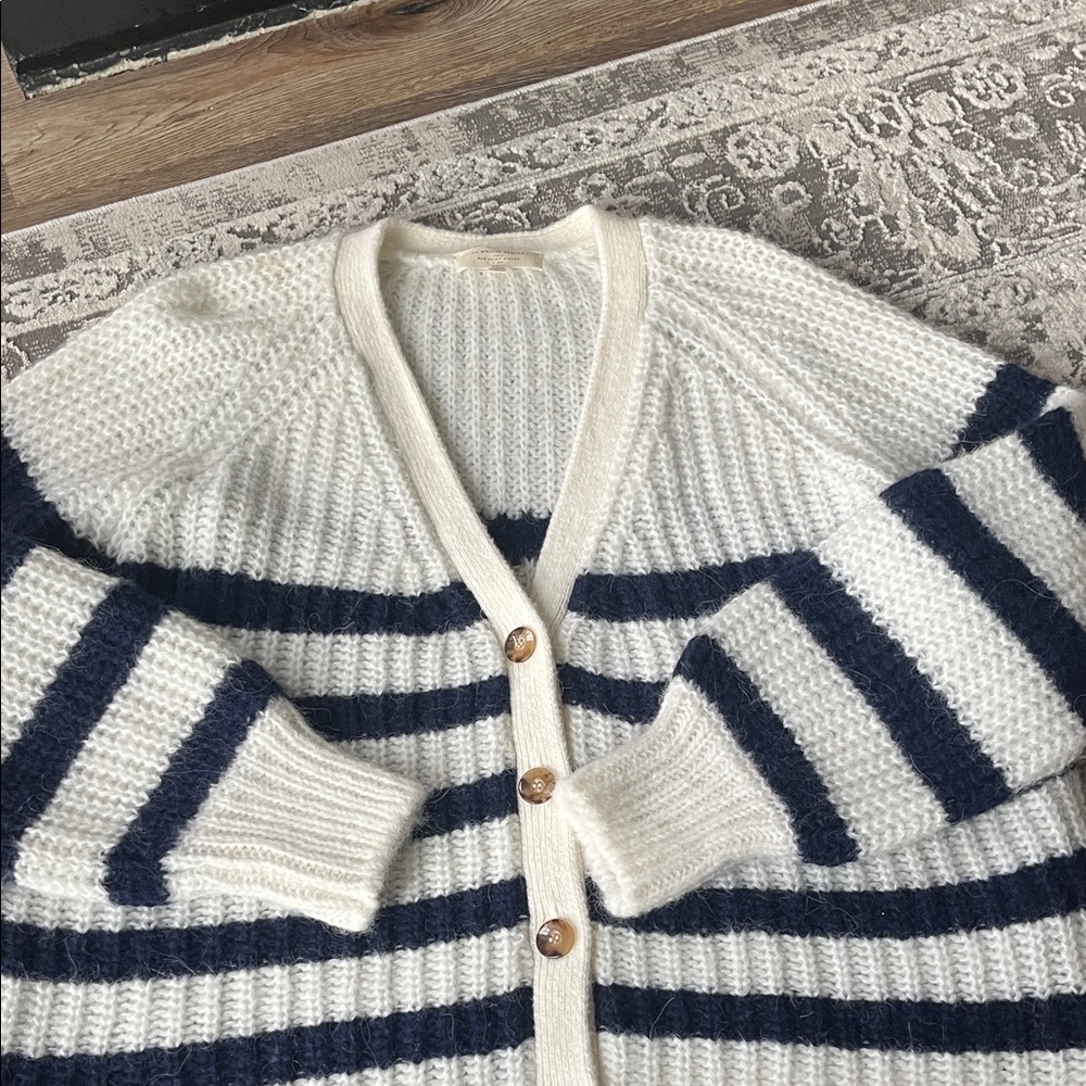Sezane Navy and Cream Striped Cardigan